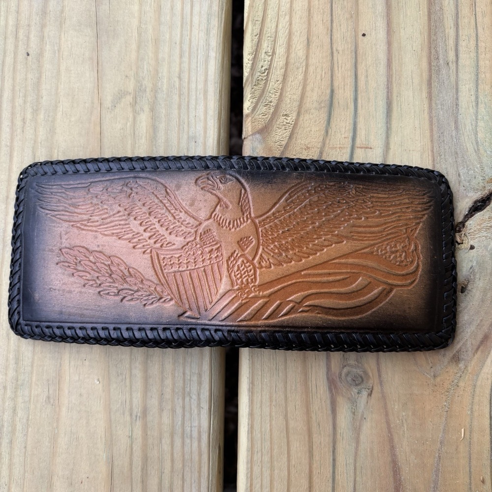 Vintage Eagle Leather Wallet Whipstitch Bifold Hand Tooled USA Made Freedom